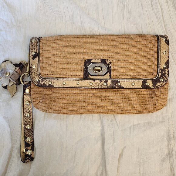 Coach Straw Python Clutch tan and Brown With Zebra liner Clear hang tag - Picture 1 of 11